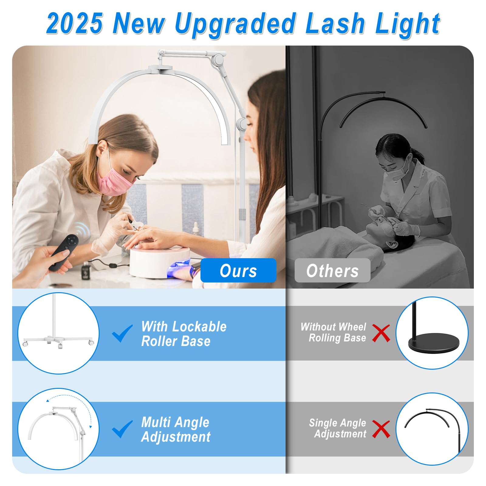 CGBE Lámpara Pestañas Media Luna de Pie: Lámpara Extensiones Pestañas con Soporte Teléfono - Base Rodante - Cabezal Giratorio 360° - Brillo y Altura Ajustables - para Pestañas/Cuidado de Piel/Tatuajes
