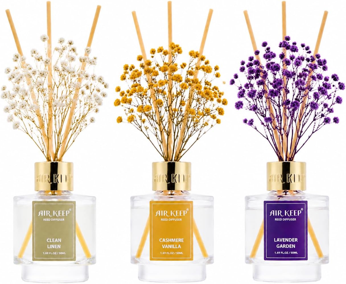 Airkeep Reed Diffuser Set of 3,Clean Linen Cashmere Vanilla Lavender Garden Oil Reed Diffusers for Bedroom Living Room Office Aromatherapy Oil Reed Diffuser for Gift 50ml x 3
