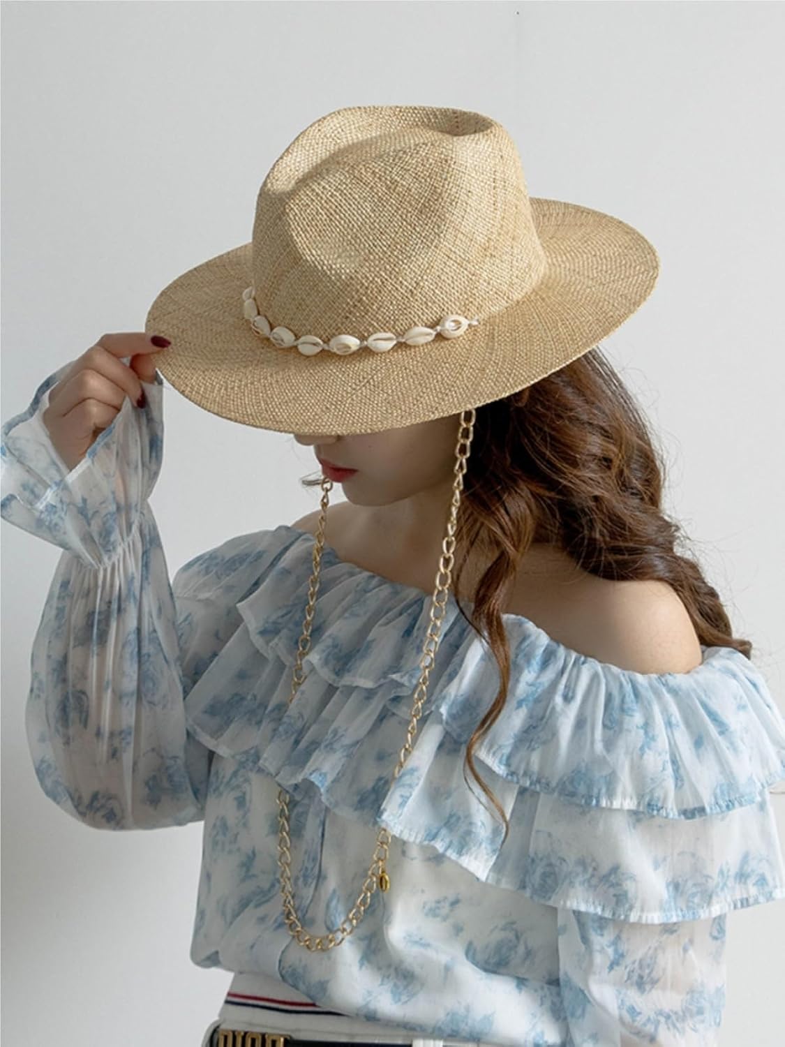 Women's Summer Wide Brim Panama Straw Fedora Hat with Shell Metal Chain, Outdoor Sun Protection Hat
