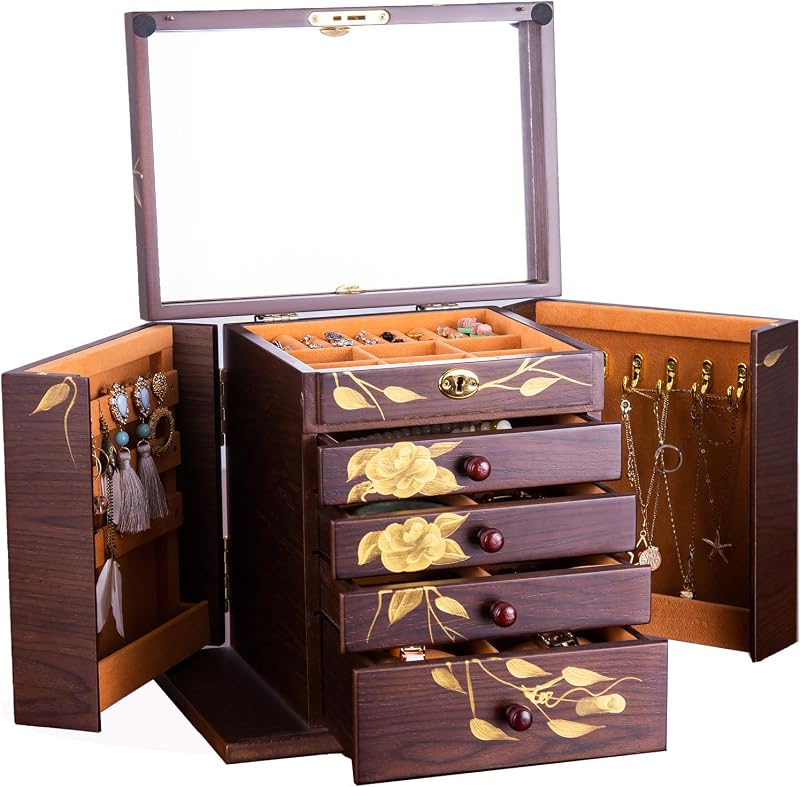 Wooden Jewelry Box for Women, 5-Layer Large Lock with Drawers | Hand-Painted Rose Solid Wood Jewelry Safe, 5-Layer Vintage Organizer, 18 Hooks 100+ Compartments, Gift for Her