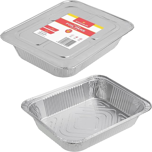 STACKABLES ~ Pack of 10 Half Size Aluminium Foil Pans with Aluminium Lids 32 x 26 x 6cm ~ Food Trays Containers for Baking Roasting Cooking & Food Storage (3.5 Litre)