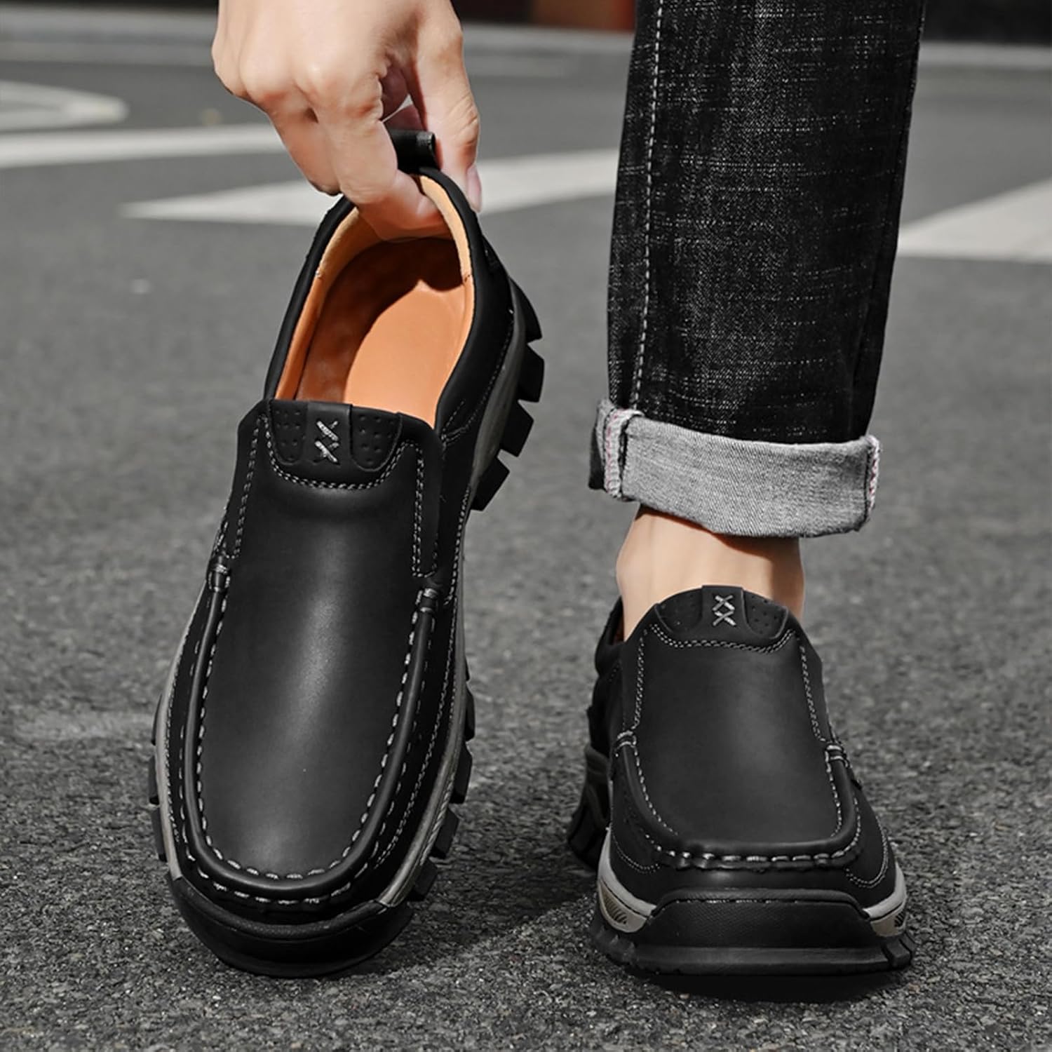 Men's Outdoor Slip On Loafers,Comfort Hand-Stitching Leather Elastic Non-Slip Arch Support Travel Hiking Walking Shoes - Image 3