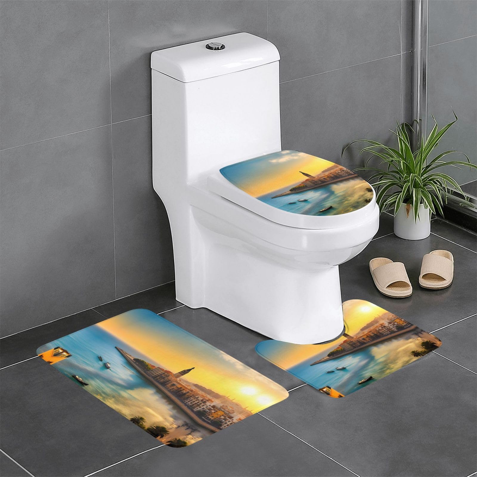 Tapis de salle de bain de qualité Sunset in Barcelona en lot de 3 haut de gamme