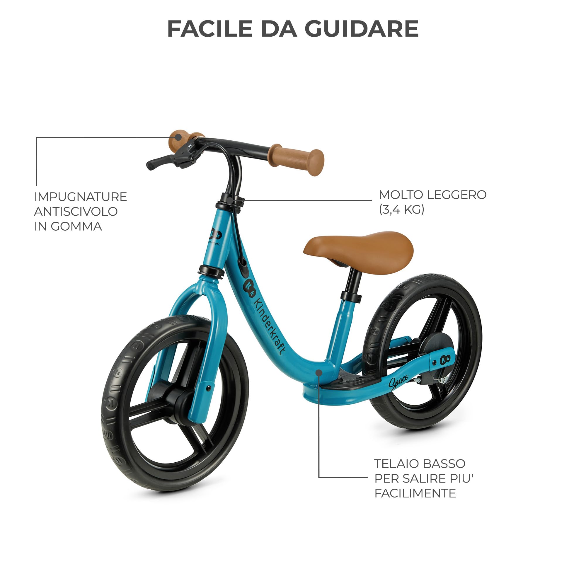 Kinderkraft SPACE2 Bicicletta bambini 3-5 anni, Bici senza pedali, 12 polici ruote, Design sportivo, Regolazione della sella, Montaggio facile, Struttura leggera