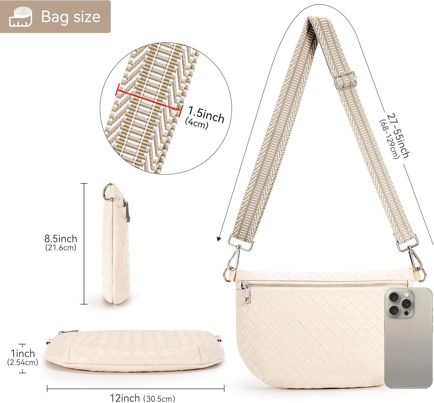 KALIDI Woven Crossbody Bags for Women Travel Vegan Leather Fanny Packs for Woman Cross Body Purse Fashion Belt Bum Bag with Wide Strap - Image 5