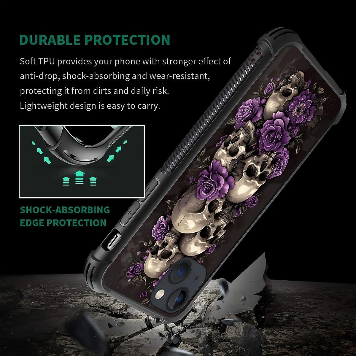 for iPhone 14 Case, Shockproof Protective for Man Women Non-Slip for iPhone 14 Illustration Scary Skulls Purple Roses Crazy Pattern - Image 7