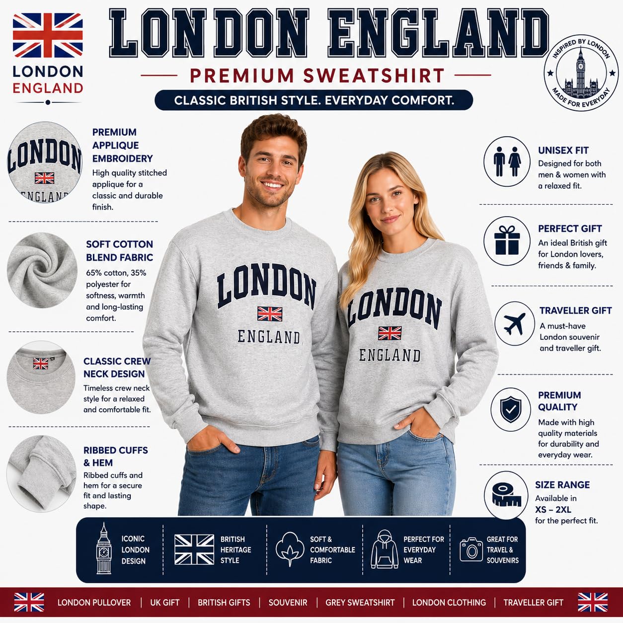 LE201GN - Felpa unisex Londra, Inghilterra, colore: Grigio Navy XS-2XL