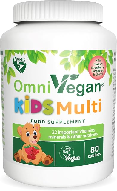 OmniVegan Kids Multivitamin 22 Vitamins & Minerals - 80 Vegan Chewable Tablets - Natural Mixed Berry Flavour - Aged 3-10 Years - Nordic Quality