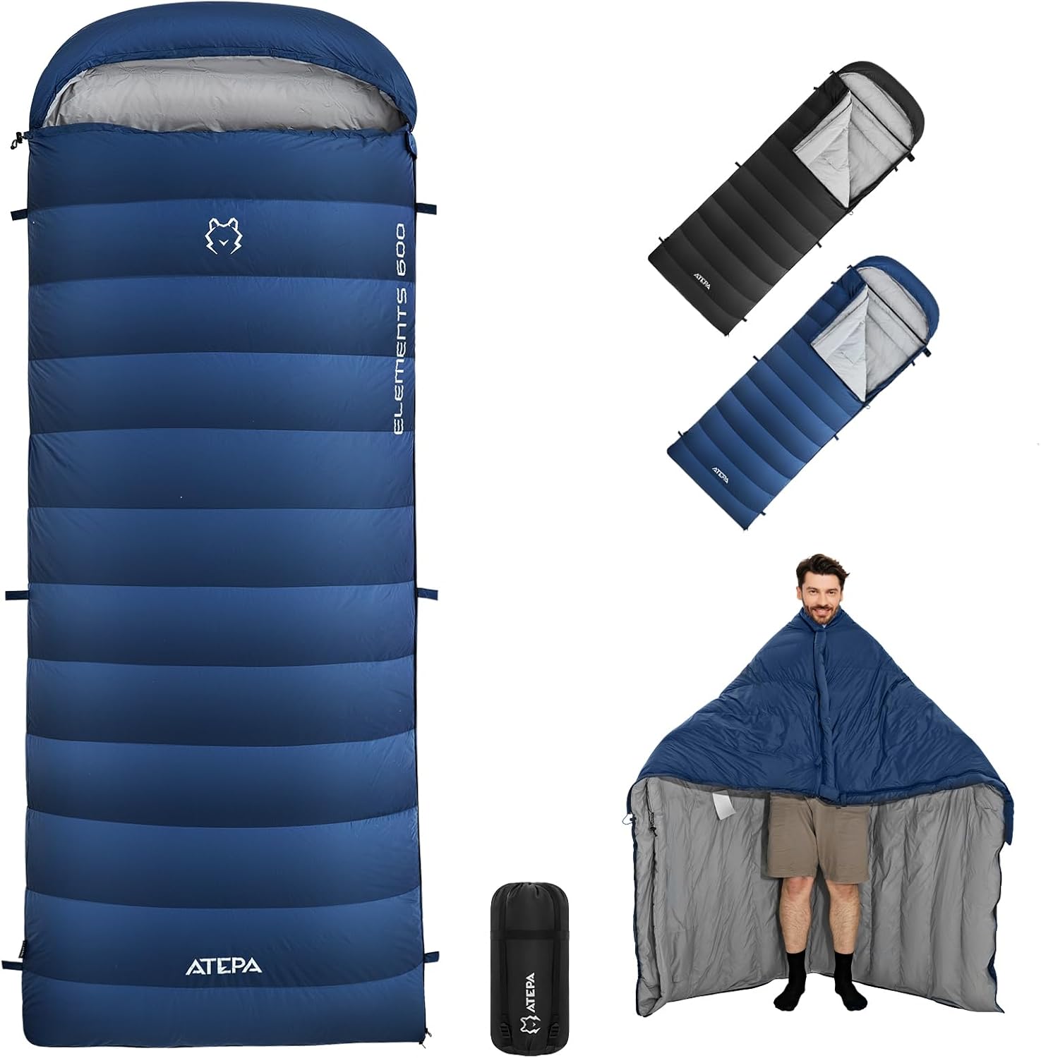 ATEPA 3-in-1 Hybrid Down Sleeping Bag for Adults, Lightweight 3 Season Wearable Backpacking Sleeping Bag with Pad Attachment & Compact Compression Sack for Spring Summer Fall Car Camping 30°F 45°F
