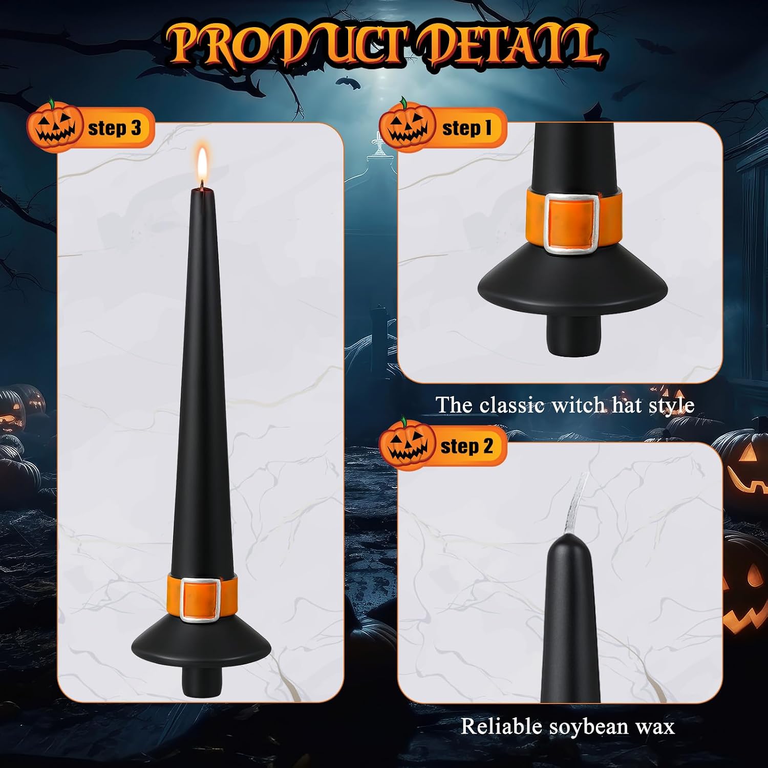 Conelist 4 Pieces Halloween Witch Hat Candles Halloween Black Taper Flickering Candles for Party Decoration Dinner Party Holiday Decor