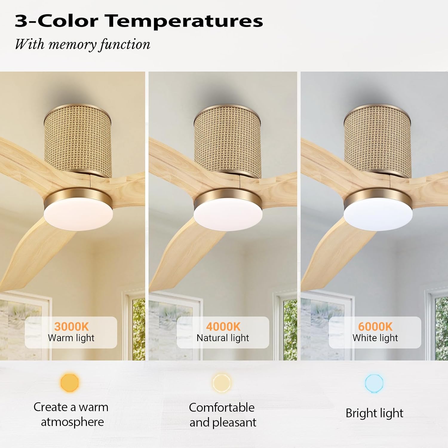 52" Ceiling Fan with Light - Low Profile Flush Mount Ceiling Fan, 6-Speed Remote Control, Solid Wood, Quiet Reversible DC Motor, Boho Style, for Bedroom, Living Room, Porch, Light Oak/Gold