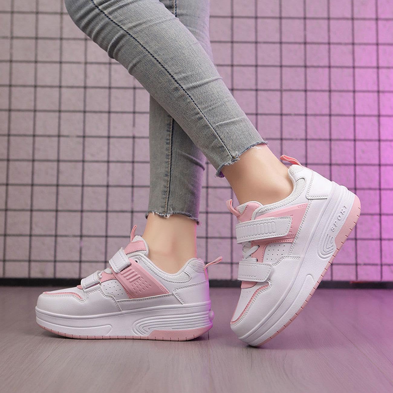Zapatos con Ruedas para niños niña niño Patines Patines al Aire Libre Zapatillas de Deporte Zapatillas de Skate Zapatos Deportivos,Pink-38 EU