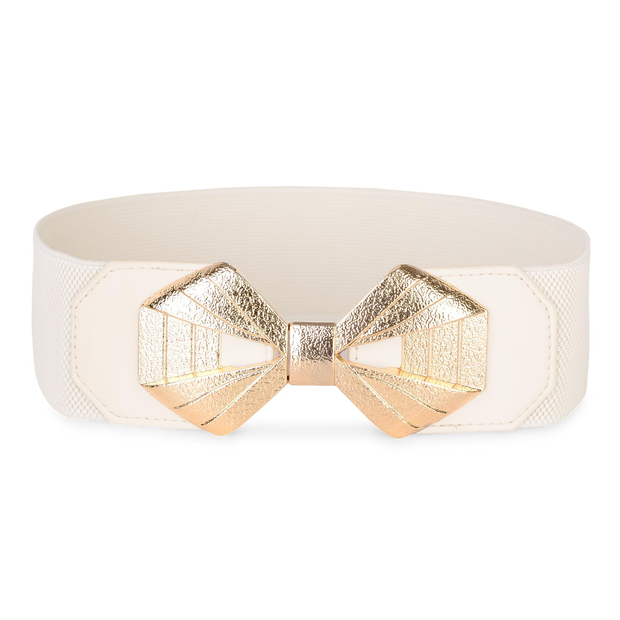 BlackButterfly Wide Elastic Cinch Stretch Waistband Retro Gold Bow Buckle Waist Belt (Beige, L)