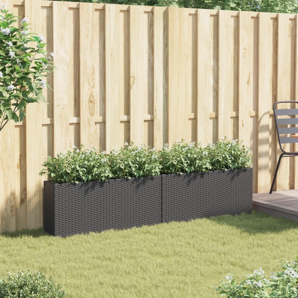 Donice ogrodowe z 2 wkładami 2 sztuki czarne 90x20x40 cm rattan PE stalowa rama dekoracyjne na kwiaty rośliny taras balkon