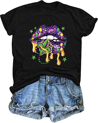 Mardi Gras Tshirt Carnival Outfit Women Carnival Party Graphic Tees Holiday Short Sleeve Tops
