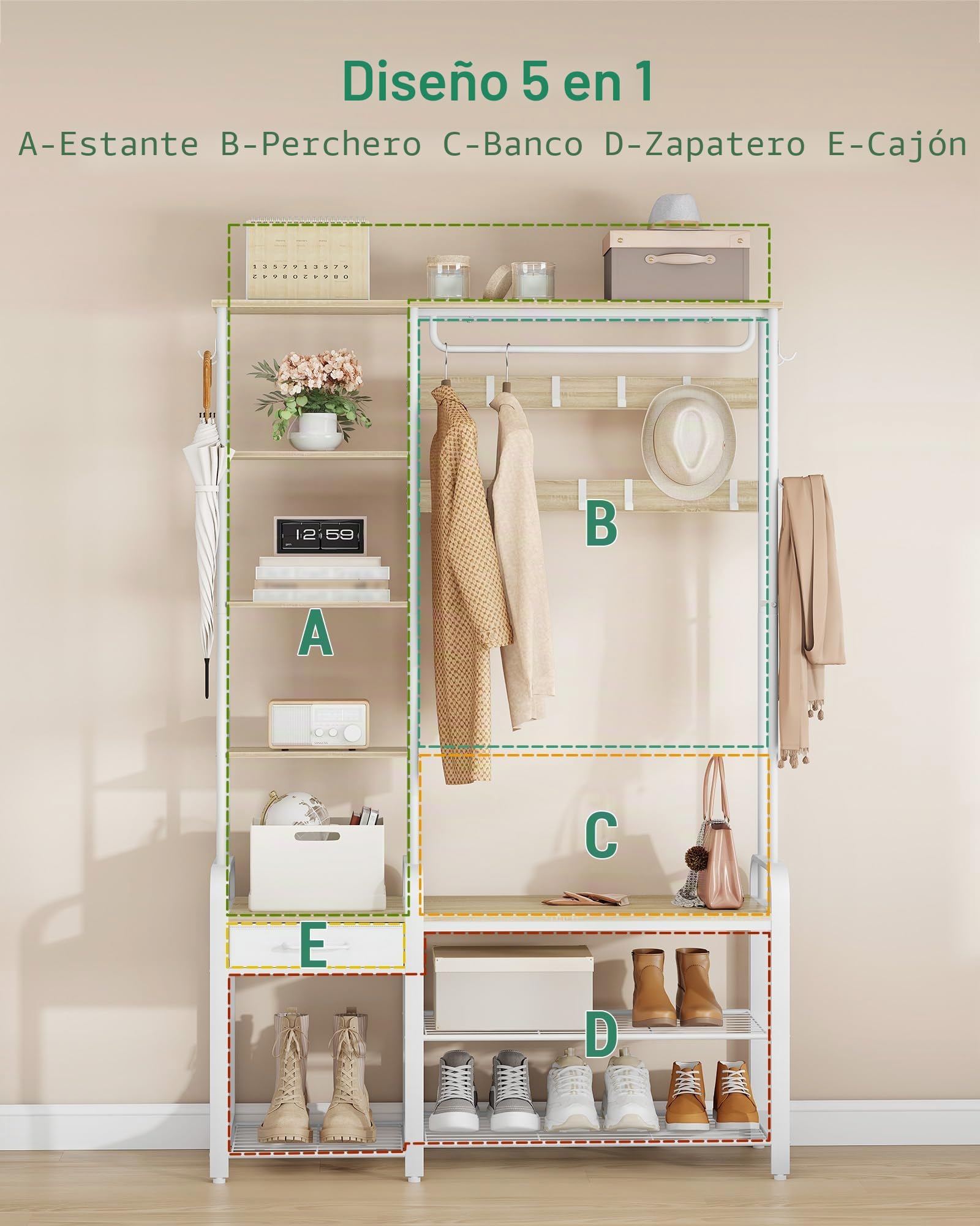 Hzuaneri Perchero de Pie, 5 en 1 Perchero con Banco Recibidor, 17 Ganchos, 1 Barra Superior, 4 Estantes laterales, para Entrada Recibidor, Salón, Habitación, 40 x 120 x 182 cm, Blanco HT03516W
