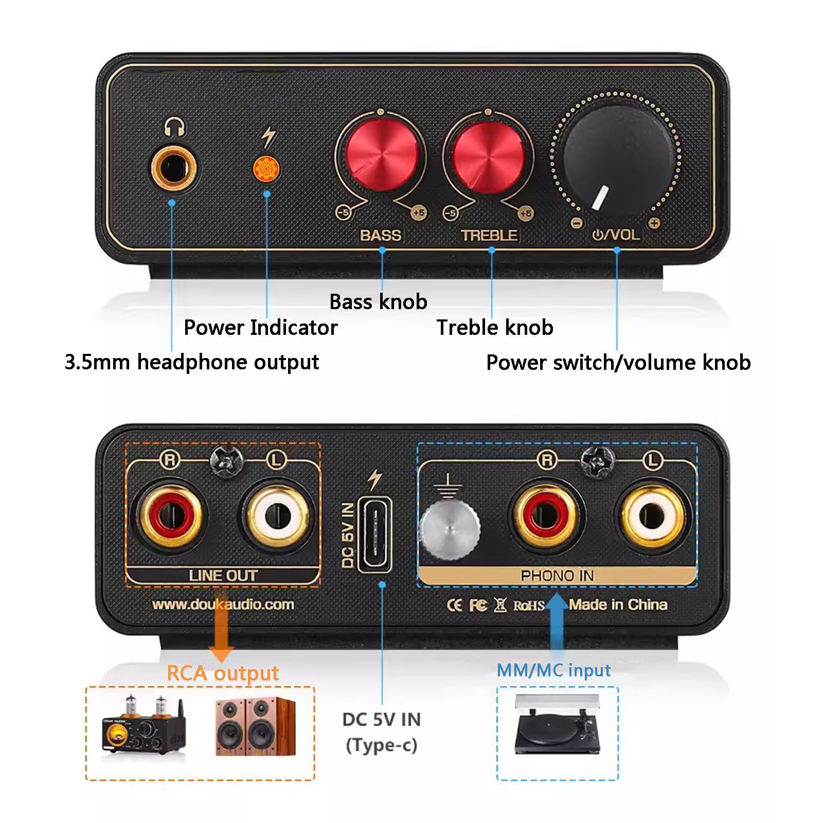 Mini preamplificatore Phono MM/MC, preamplificatore per Giradischi, con Controlli del Volume, Uscita Cuffie RCA e da 3,5 mm, per Giradischi LP in Vinile/Giradischi