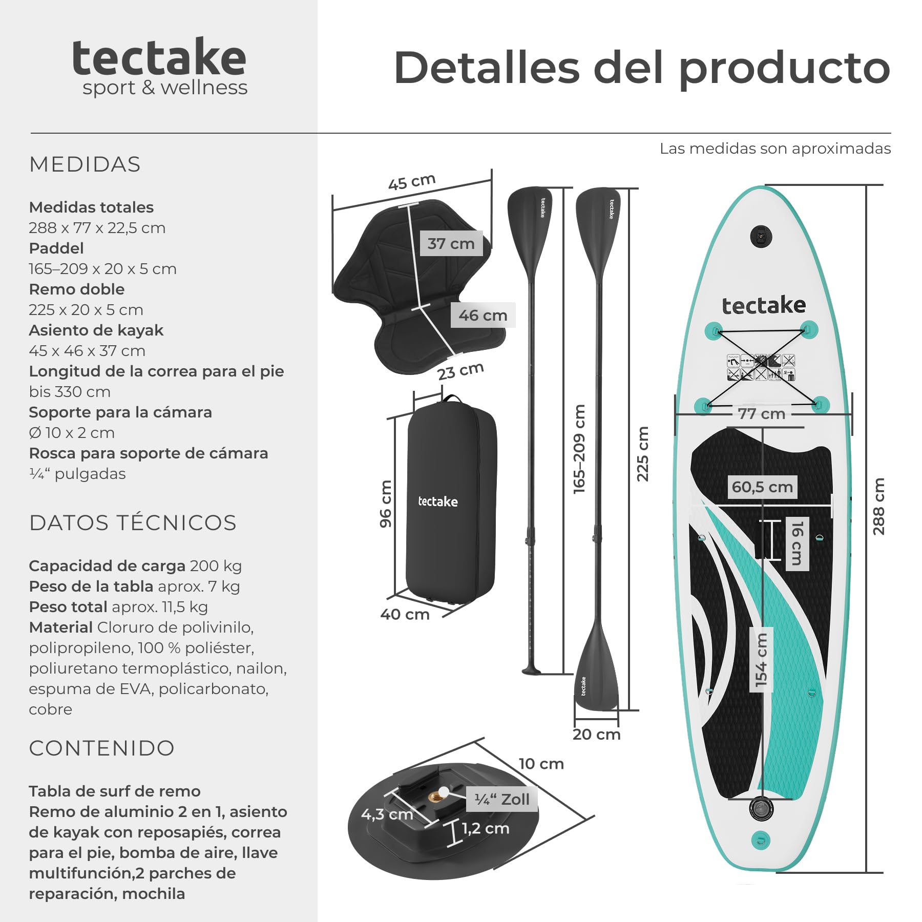 tectake® Tabla Paddle Surf Hinchable, Soporte Cámara, Kayak, 200 kg | Soporte para Cámara, Asiento de Kayak Convertible, Capacidad 200 kg, Superficie Antideslizante, SUP, Blanco y Turquesa