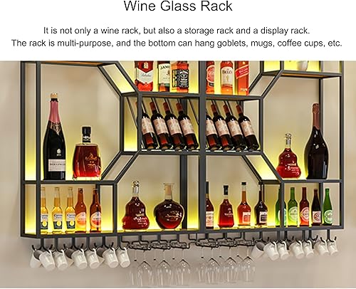 Miniatura 7 de Estantes para vinos, estantes de bar montados en la pared con estante colgante para copas de vino y luz LED, estante de exhibición de botellas de