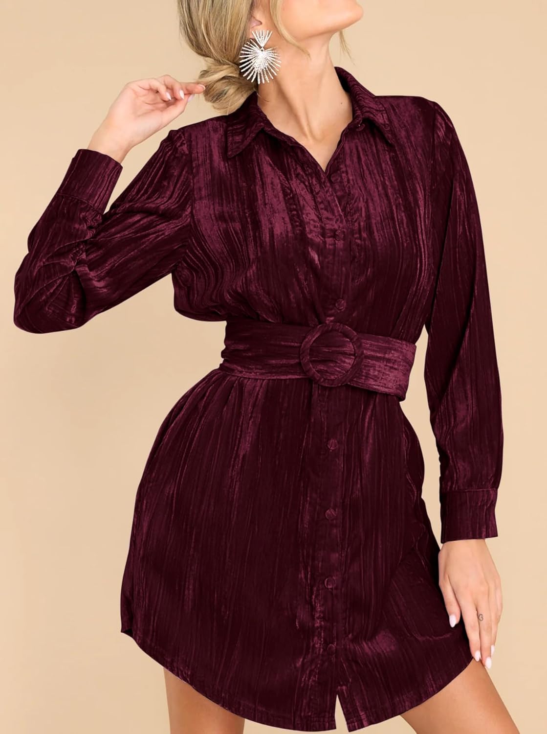 R.Vivimos Women's Shirt Dress Fall Velvet Button Down Long Sleeve Casual Mini Dress with Belt - Image 3