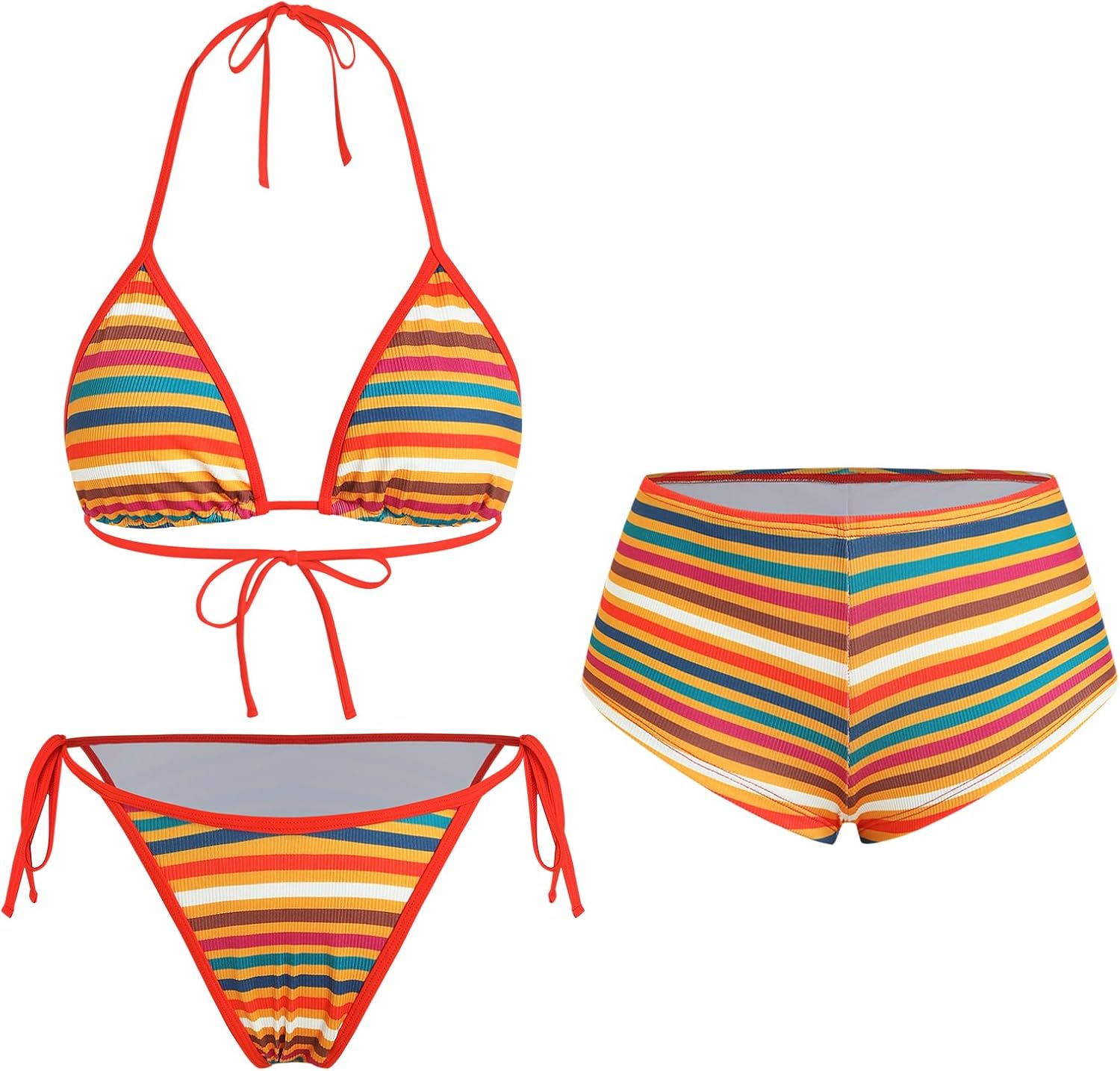 ZAFUL Women's 3 Piece Halter Triangle Bikini Sets Sexy Summer Beach Swimsuit Bathing Suit Shorts Coverups