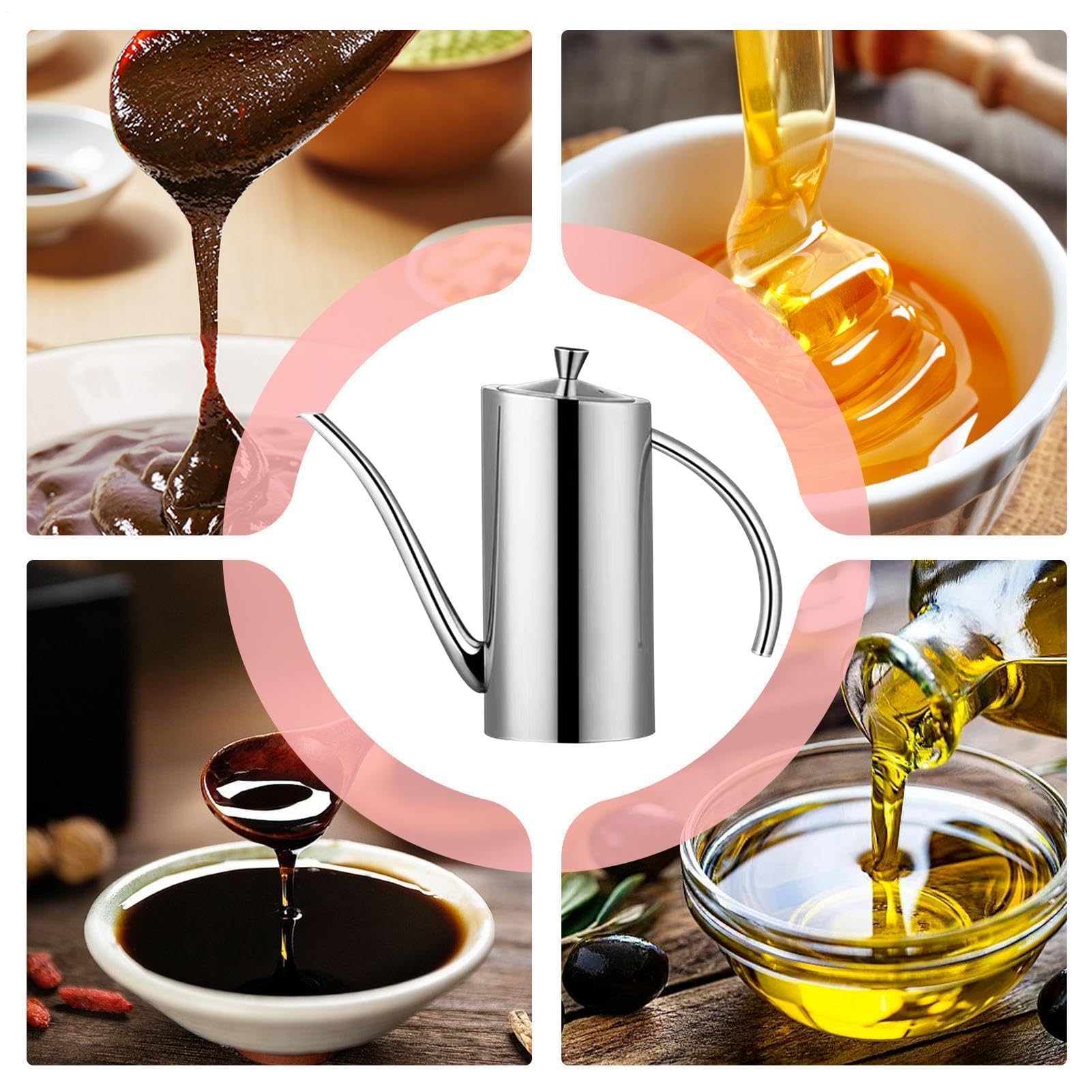 Bottiglia dispenser per olio, 500 ml, in acciaio inox, con manico, a prova di perdite, per olio d'oliva e aceto, per cucinare, grigliare, preparare i pasti, cucina, barbecue