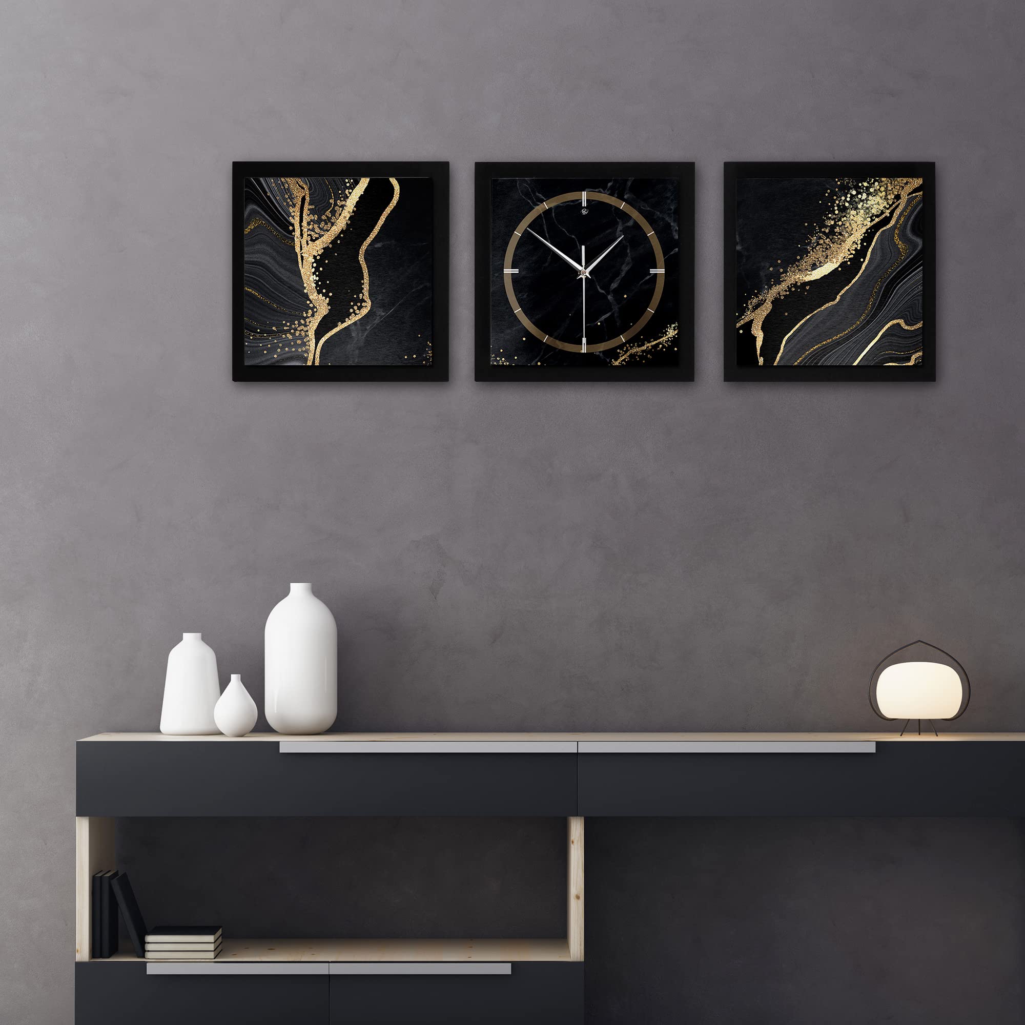 3D Designer-Wanduhr Gold & Black Marble 3-teilige Quarzuhr 150x50cm Schwarz in modernem Metallic-Look rechteckig ohne Tickgeräusche (Gold & Black Marble Querformat, 150x50cm; leises Quarzuhrwerk)