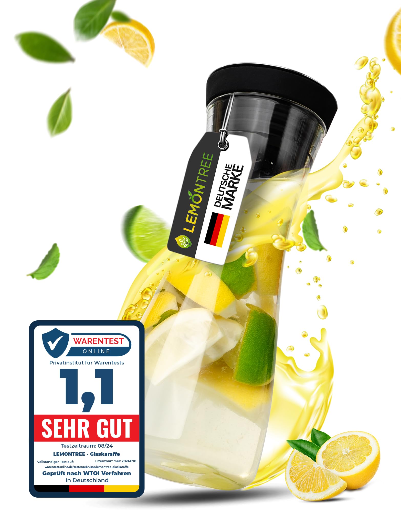 LemontreeGlass Carafe with Lid and Fruit Insert, 750 ml, Water Carafe for Cold and Hot Drinks, Lid with Close Up Closure, Carafe Made of Borosilicate Glass