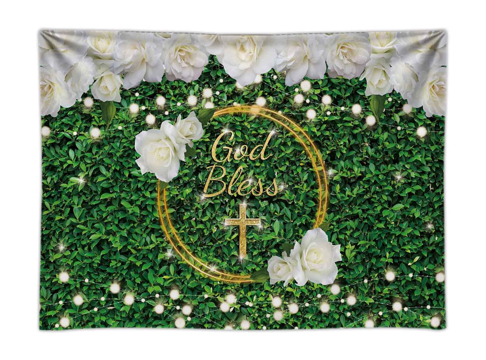 Funnytree 8x6FT Durable Fabric God Bless Backdrop Baptism Party First Holy Communion Christening Banner Decor Green Leaves Baby Shower Photography Background Favors Gifts Supplies Photo Booth Props