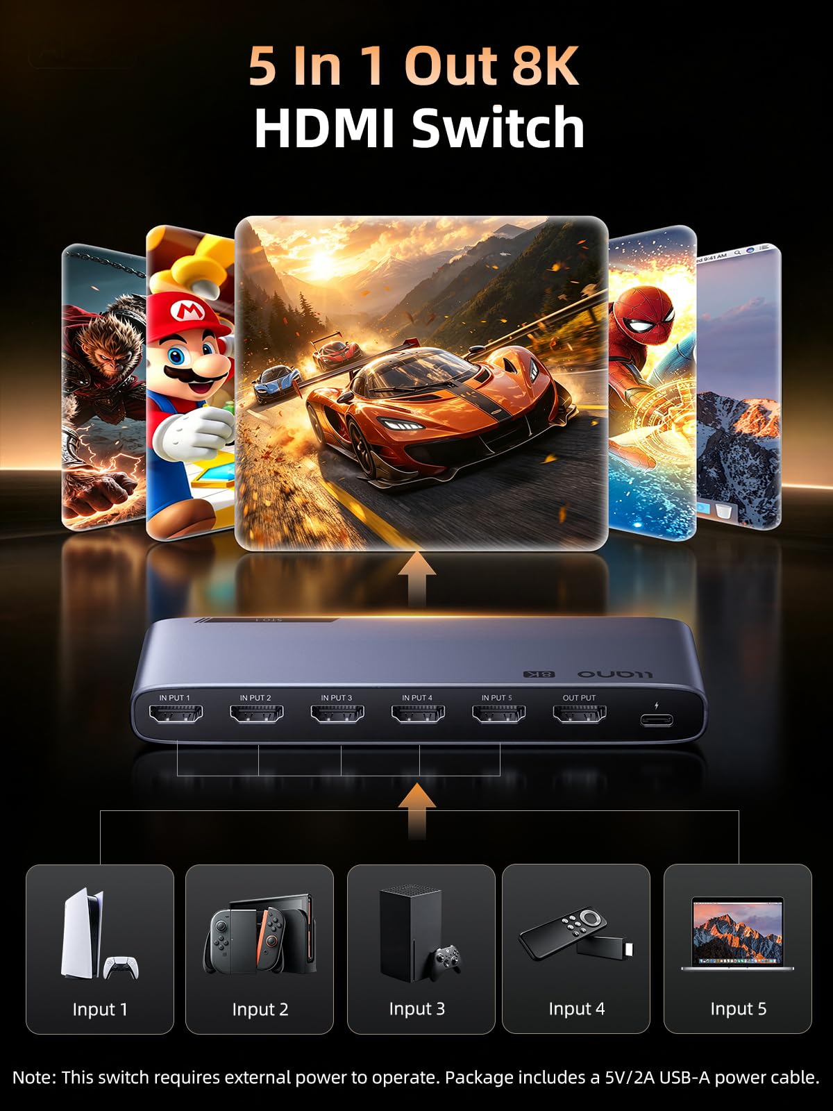llano HDMI 2.1 Switch 8K@60Hz 5 in 1 out Switch | 48Gbps, 4K@120Hz/240Hz, HDR10+, Dolby Atmos, telecomando IR, compatibile con Apple TV, Xbox, Roku, ecc.