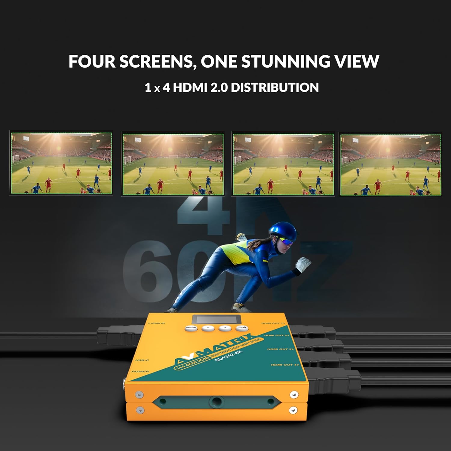 AVMATRIX SD1242-4K HDMI Splitter connected to four screens