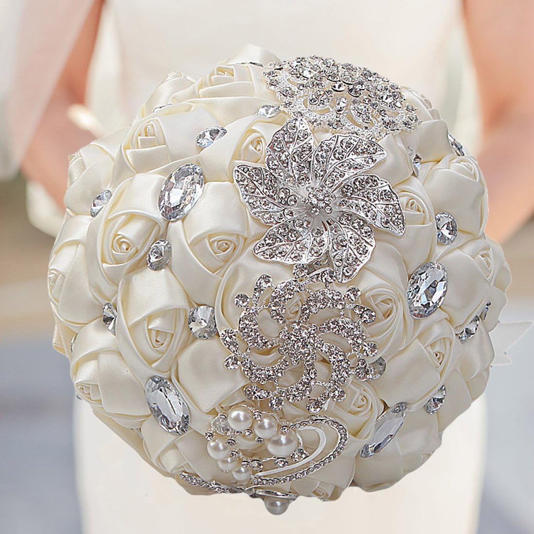 Wedding Bouquets for Bride and Bridesmaid Bridal Bouquets for Bride Bridal and Bridesmaid 7-Inch Diameter with Elegant Silk Ribbon Design, Perfect for Any Wedding Occasion (Irory)