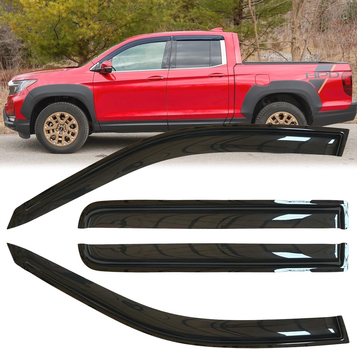 4pcs Original Shatterproof Rainproof Side Window Wind Deflectors for Honda Ridgeline 17-24,Tape-on Sun Rain Guard Sets,Nice Looking Window Visors for Cars,Vent Deflector for 2017-2024 Ridgeline 94276