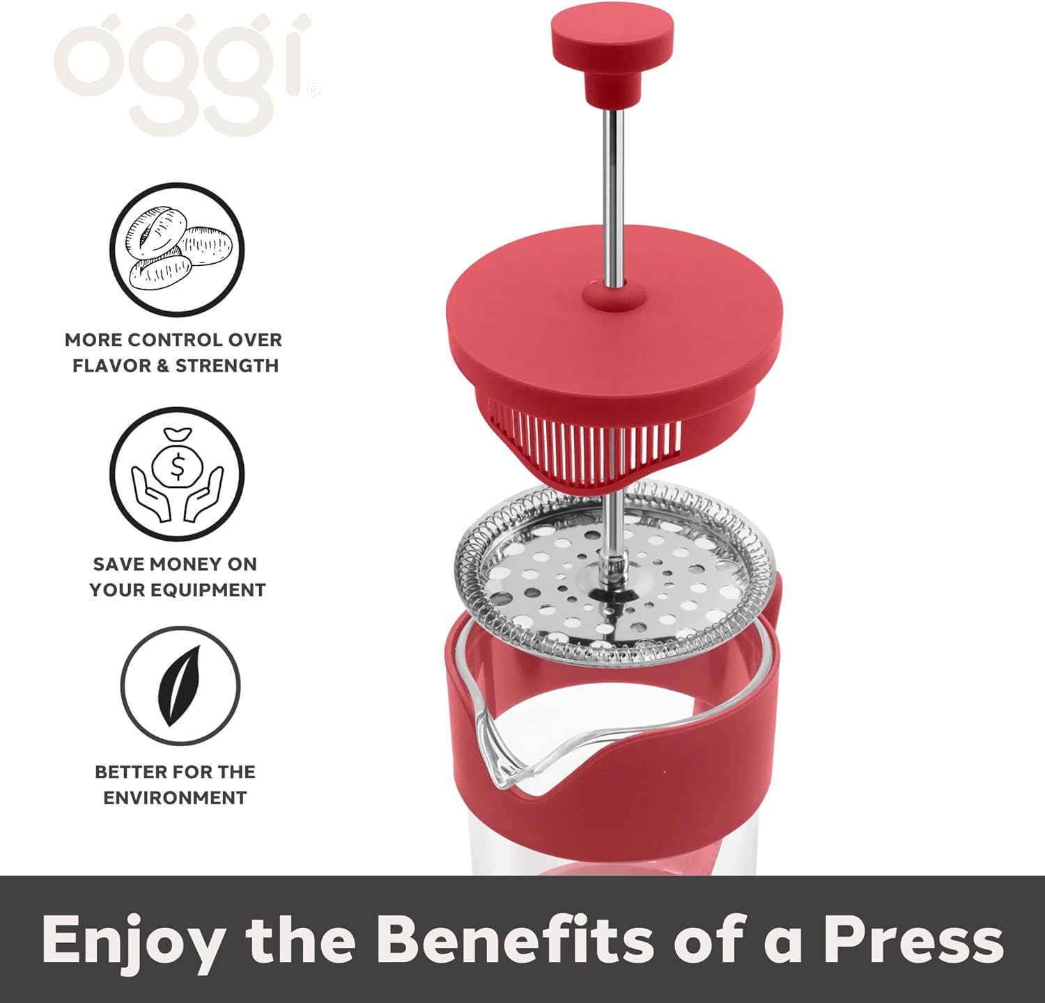 Oggi Borosilicate Glass French Press Coffee Maker (20oz)- 5 Cup Capacity, Coffee Press, Single Serve Coffee Maker, Stainless Steel Lid & Plunger, Make Great Coffee Gifts, Red