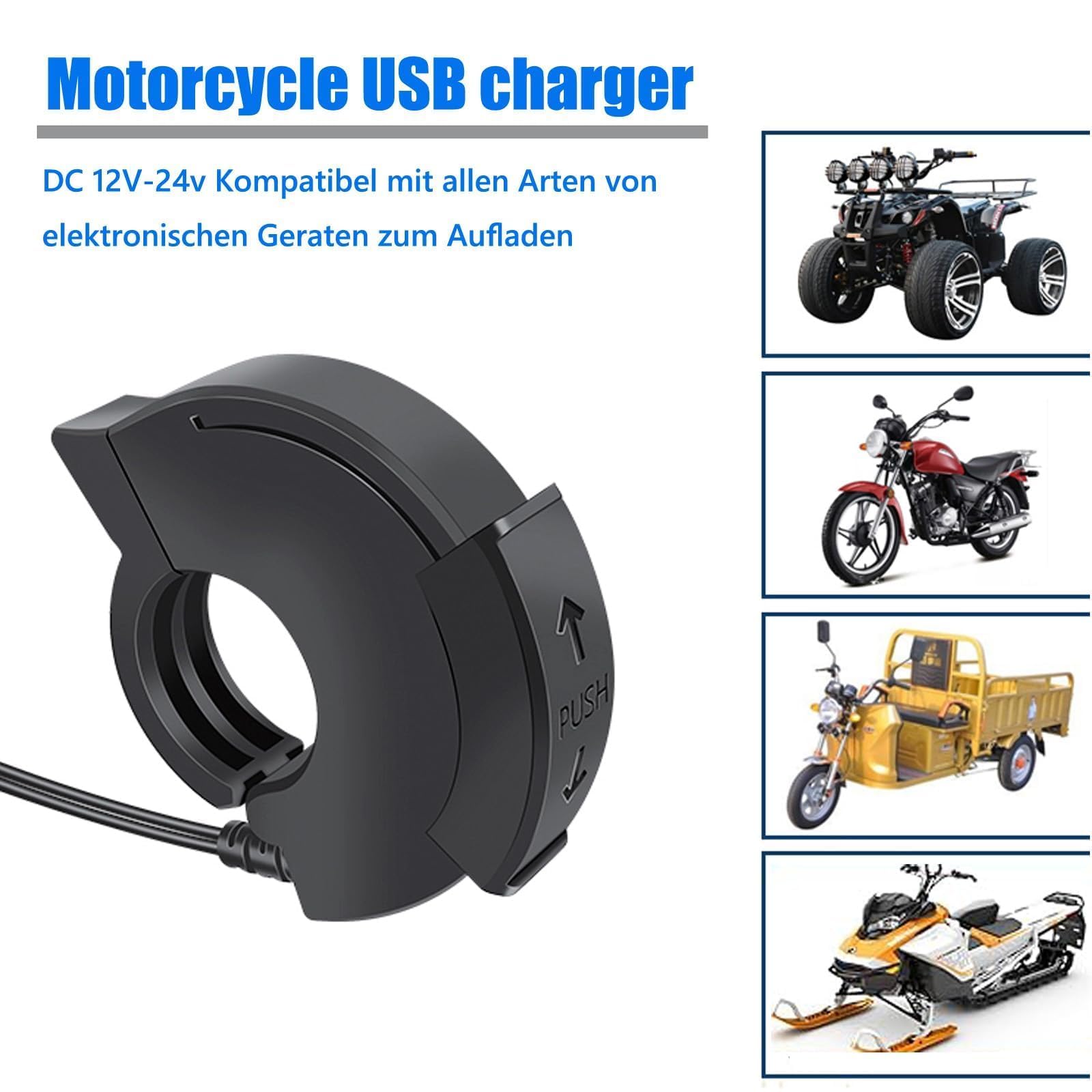 Caricabatterie USB Moto 48W, IP65, 2 Porte (QC3.0 18W + PD3.0 30W) con Interruttore, Presa USB-C 12-24V - per Viaggi/Avventure/Outdoor - Compatibile con Smartphone/GPS/Fotocamere