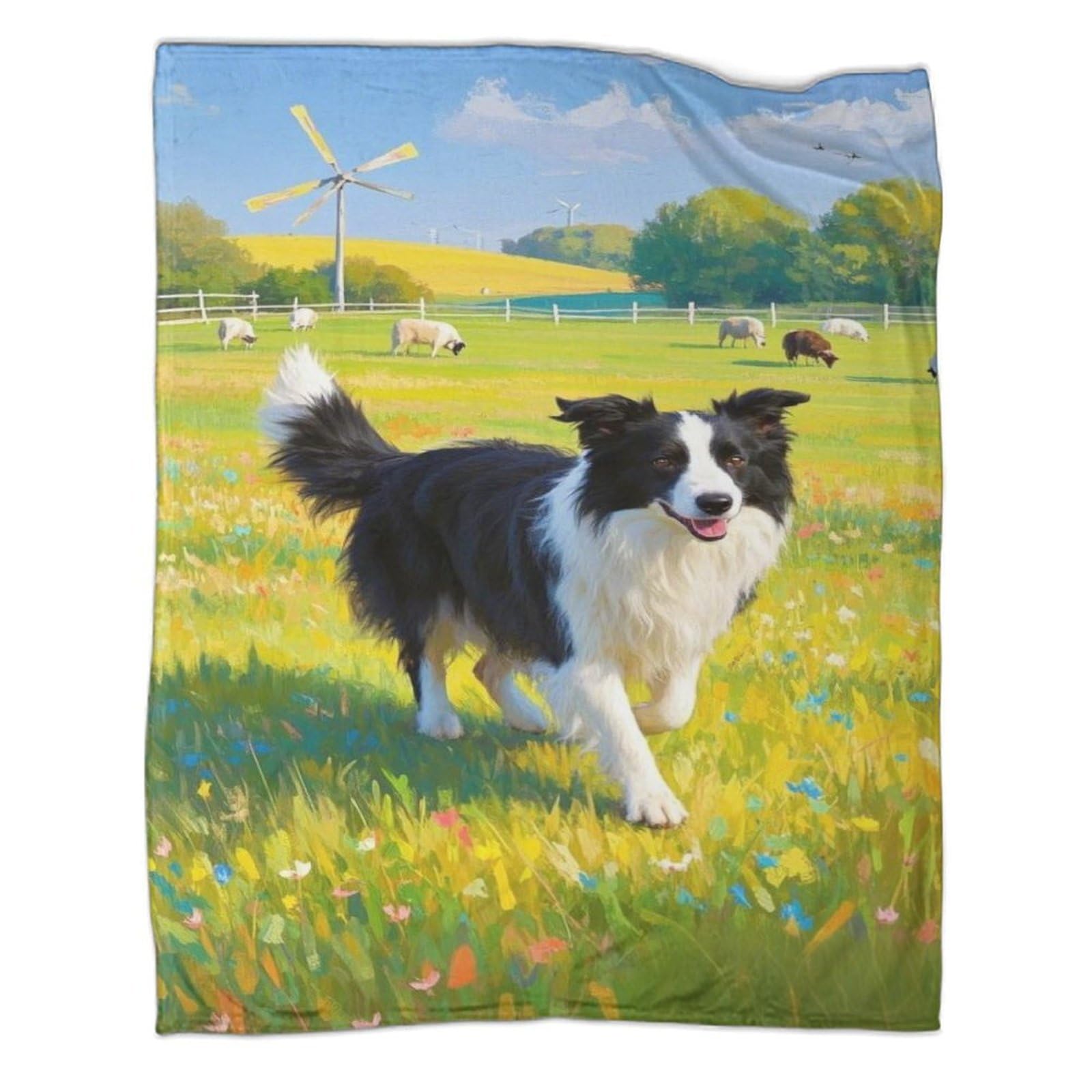 YYVKPMLXC Border Collie Dog Bed Blanket 3D Printed Summer Meadow Flannel Throws Blankets Lightweight Cosy for Sofa, Couch, Bed 70x80inch(180x200cm)