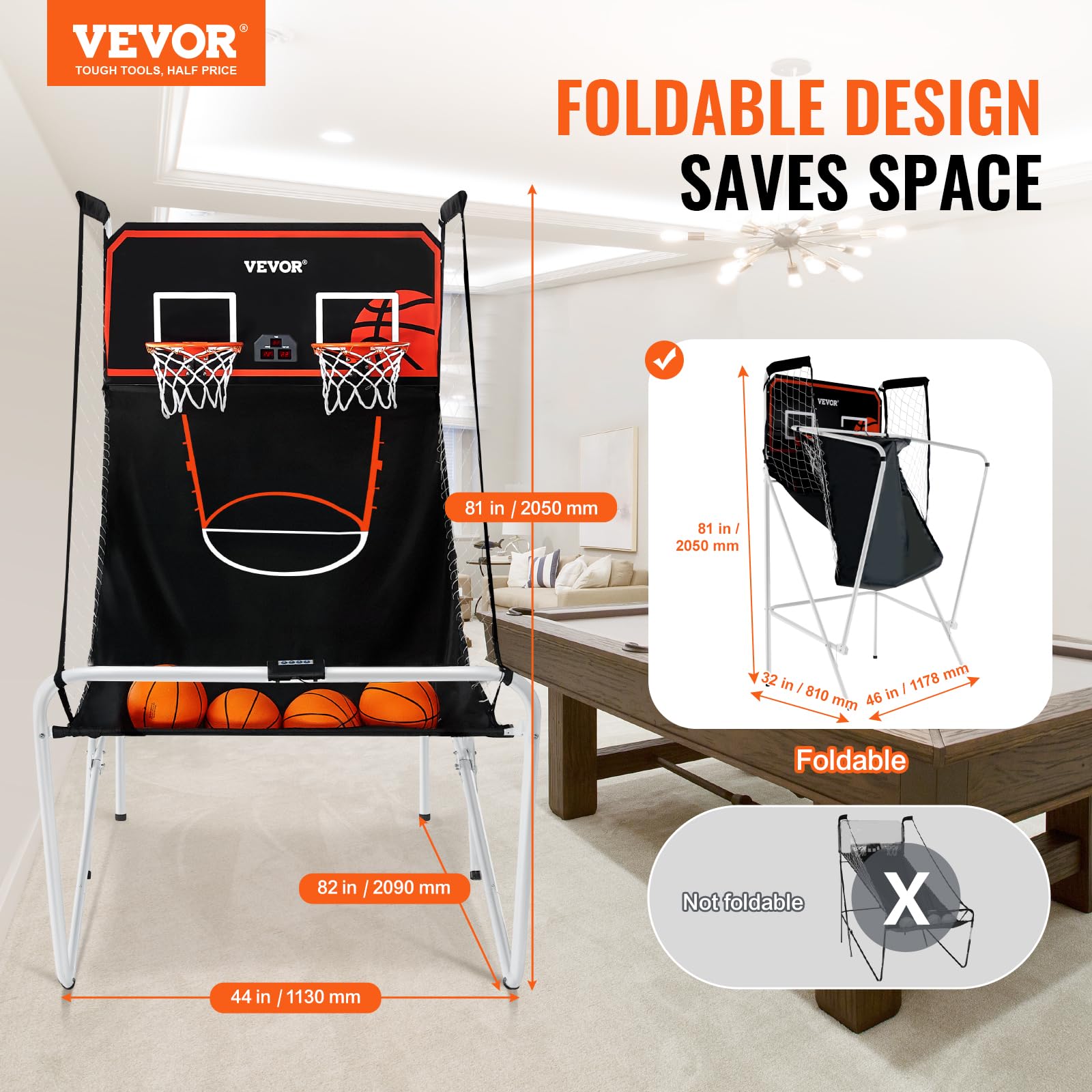 VEVOR Juego de baloncesto plegable de arcade, juego de baloncesto interior para 2 jugadores, deporte dual en casa con 4 bolas, 8 modos de juego, marcador electrónico y bomba de inflado, para adultos 2