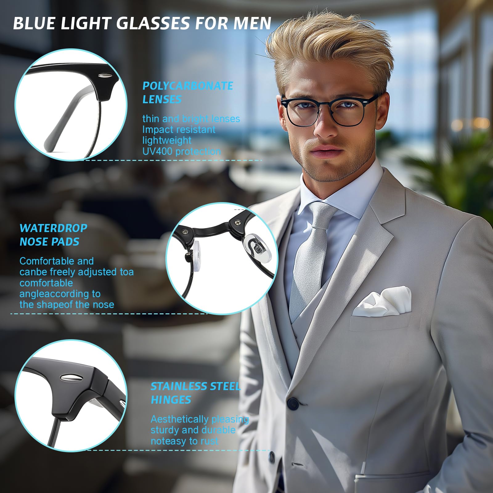 Occhiali Luce Blu per Uomini e Donne, Blocco 99% Luce Blu per Gioco per Computer Televisione, Telefono, Mezza Telaio