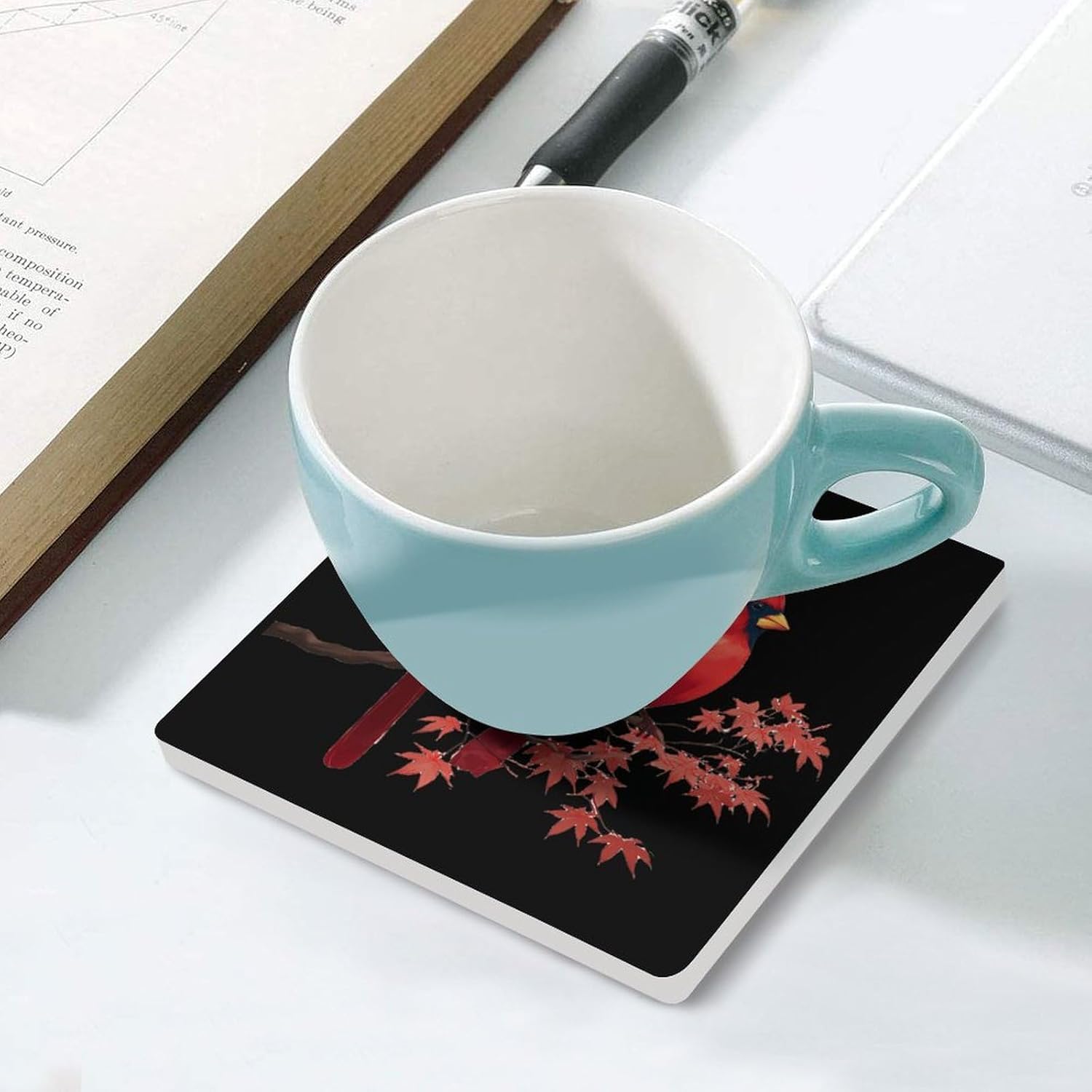 Cardinal Maple Leaves Coaster for Drinks Square Ceramic Table Coasters Stone Mat Crafts 6PCS Home Kitchen Decor