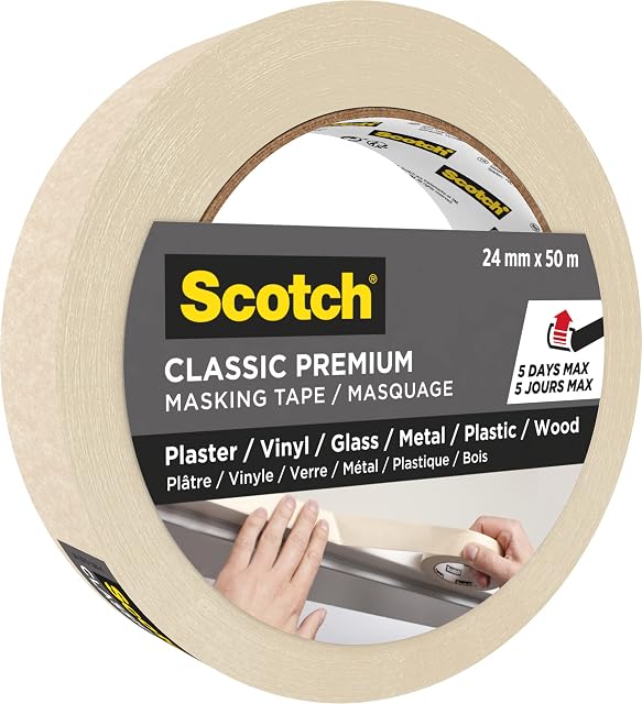 Scotch Classic Premium Masking Tape, Beige colored masking tape, Scotch tape for painting and decorating, 1 roll, Multiple sizes