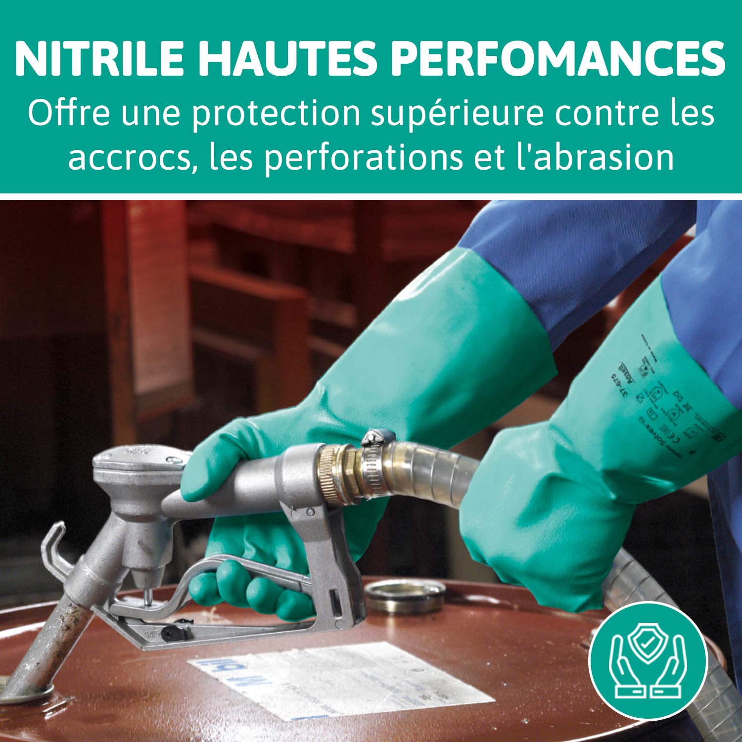 Ansell AlphaTec 37-675, Gants en nitrile résistant aux produits chimiques, Gants de travail imperméables, Gants de protection sans latex, Alimentation et nettoyage, Verts, Gants nitrile 2XL 12 paires