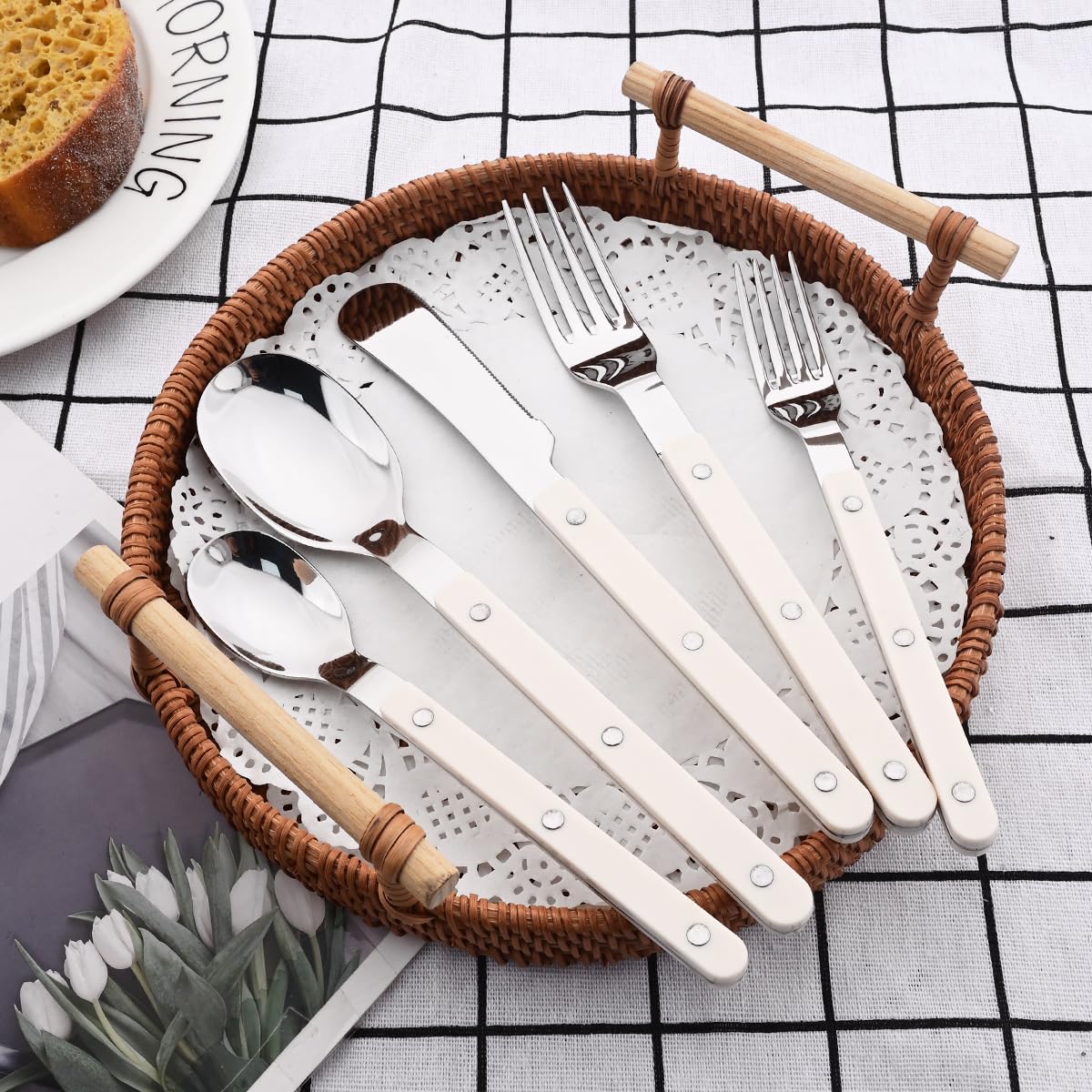 BRIIEC 6 Pieces Stainless Steel Table Forks Set Durable Dinner Fork Set, Mirror Large Forks Flatware Cutlery Set with Rivet Retro Handle, Dishwasher Safe