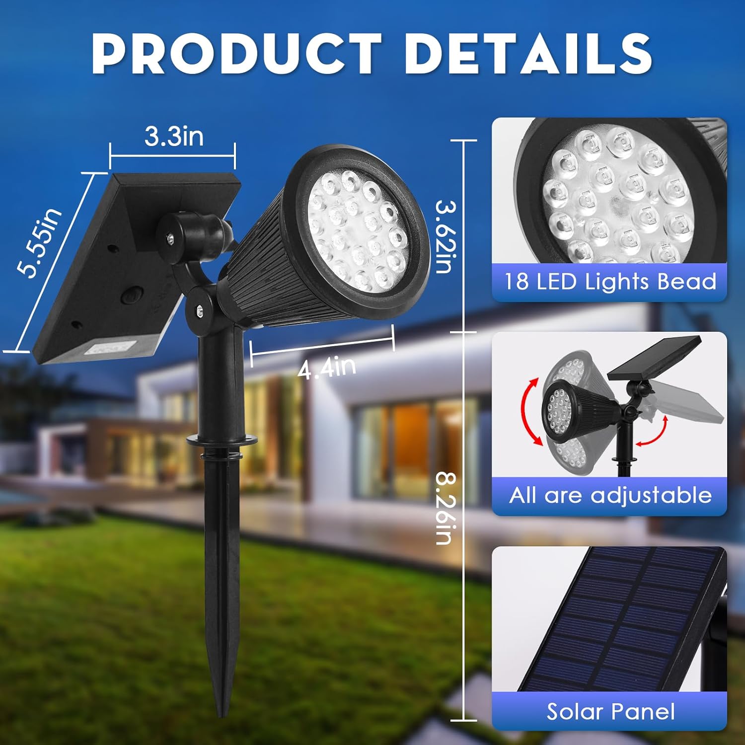Solar Spot Lights Outdoor, 2-in-1 Wall Mount & Ground Stake 18 LEDs with 2 Lighting Modes, 7 Colors Changing, IP65 Waterproof Solar Landscape Lights for Garden, Pathway, Yard, Patio (2 Pack)