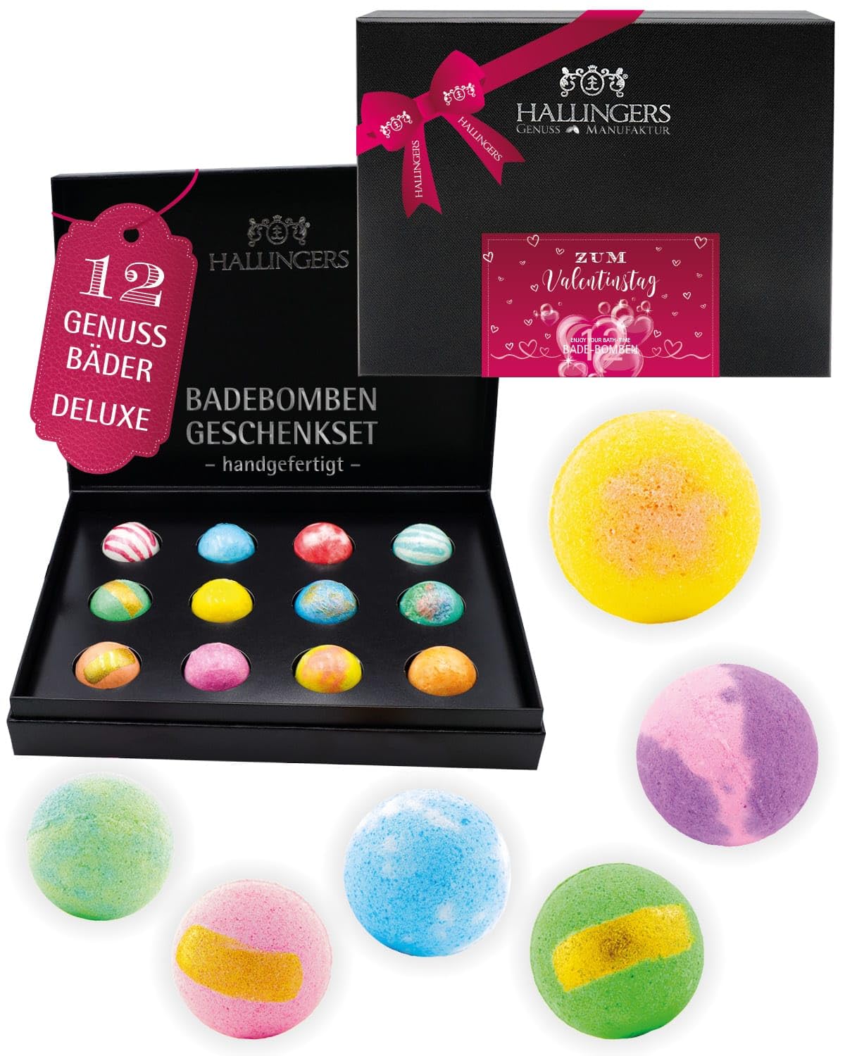 Hallingers Genuss Manufaktur Badebomben Valentinstagsgeschenk-Set - 12x Badekugeln Bath Bombs in edler Geschenkbox, Frauen Badeperlen-Wellness & Spa "Zum Valentinstag", Valentintstag für Frauen Männer