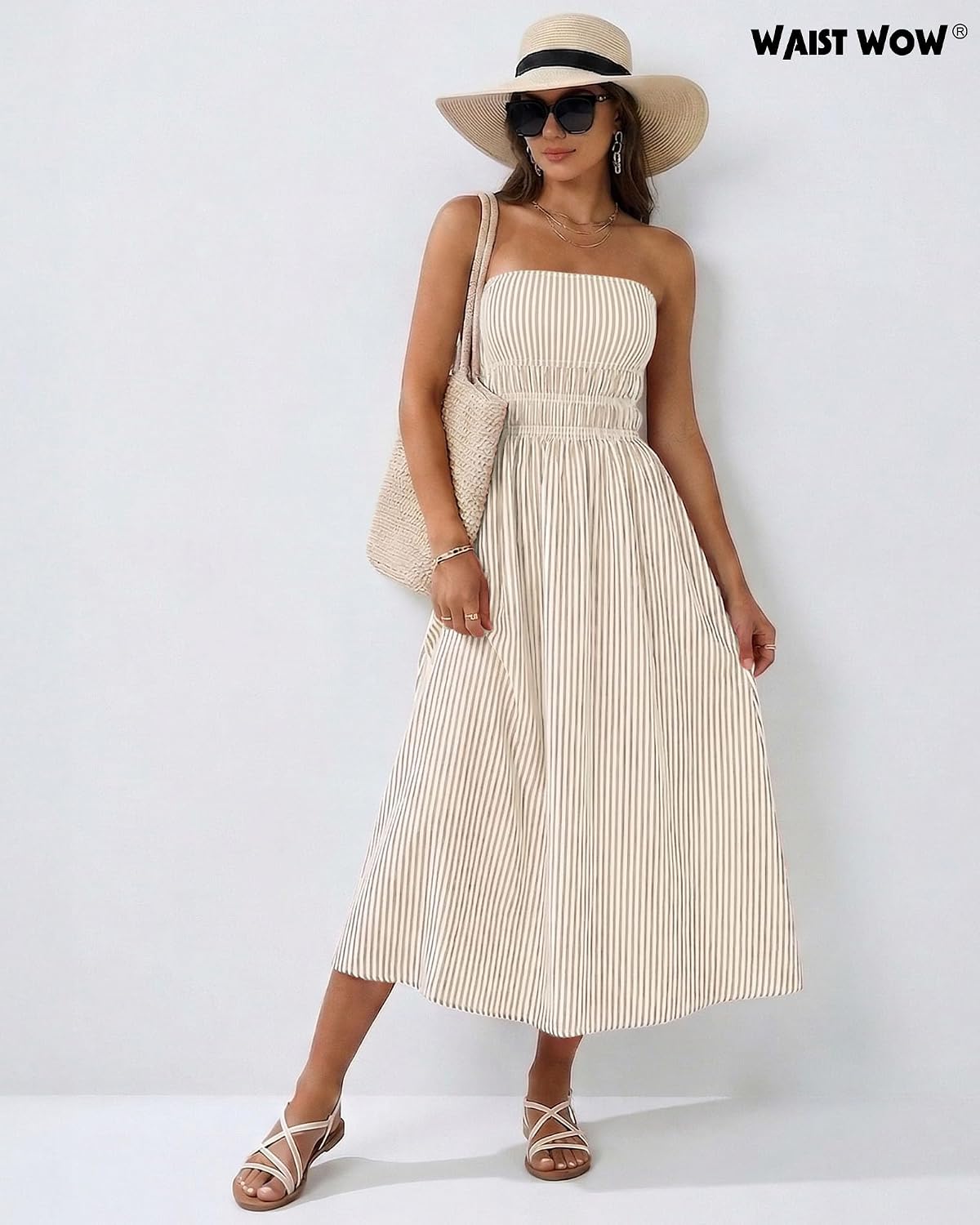 Waist Wow Women Striped Strapless Maxi Dress Casual Smocked Tube Top Long Dresses Beach Vacation Flowy Sundress with Pocket