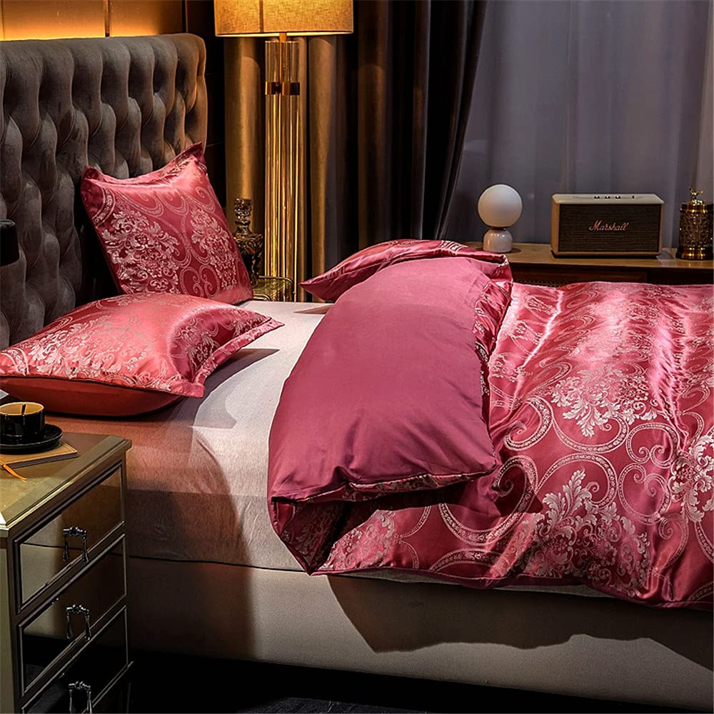 ALEjon Juego nórdico satén Jacquard Floral - King Size Rosa, Sedoso y Resistente a Las Arrugas - 3 Piezas con 2 Fundas de Almohada - 220x240cm