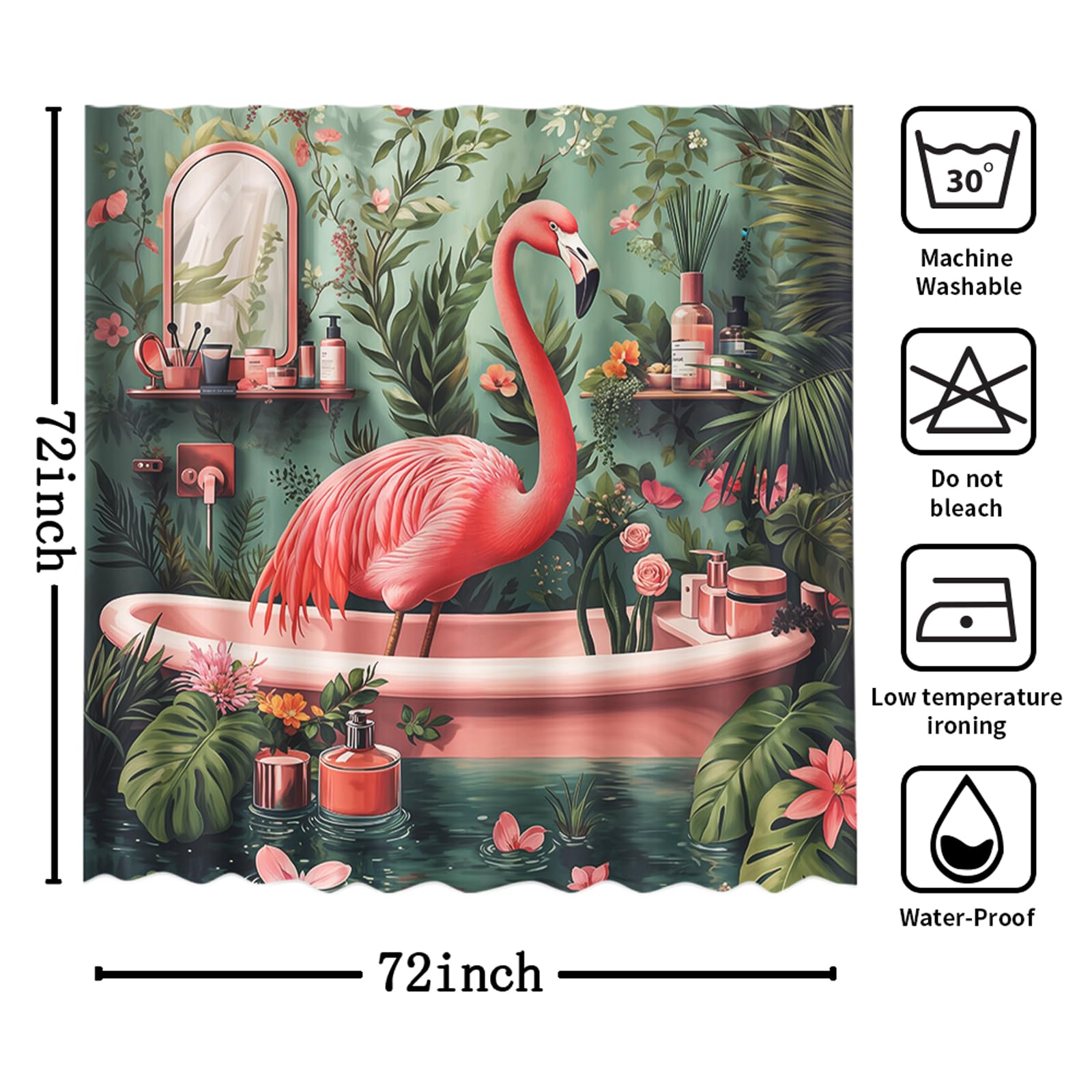 MEHOFOND Rideau de douche motif flamant rose, motif feuilles de palmier tropicales pour salle de bain pour fille et femme, motif flamant rose, feuille verte, décoration de baignoire, rideau de bain
