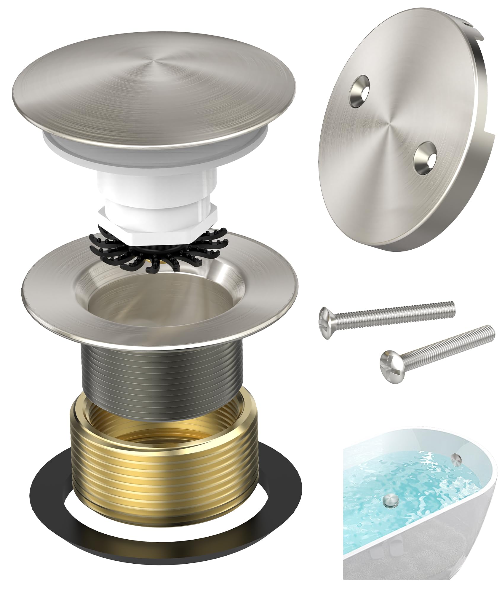 Brushed Nickel Tub Drain Kit with Hair Catcher, Premium Brass Mushroom Tip-Toe Bathroom Tub Drain Replacement and 2-Hole Overflow Faceplate, 11.5/16 UNC Bathtub Drain Stopper Assembly