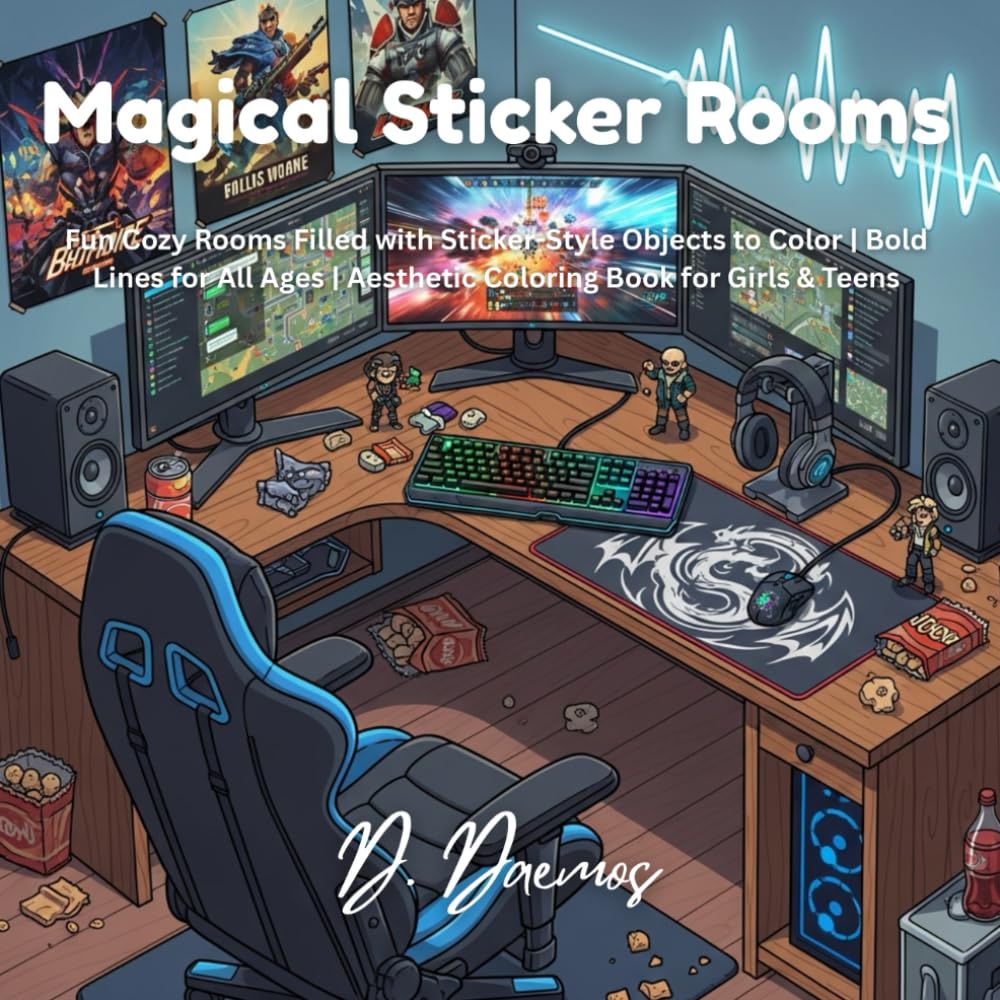 Magical Sticker Rooms: Aesthetic Cozy Bedroom & Creative Workspace Scenes with Bold Outlines for Relaxing Coloring Fun