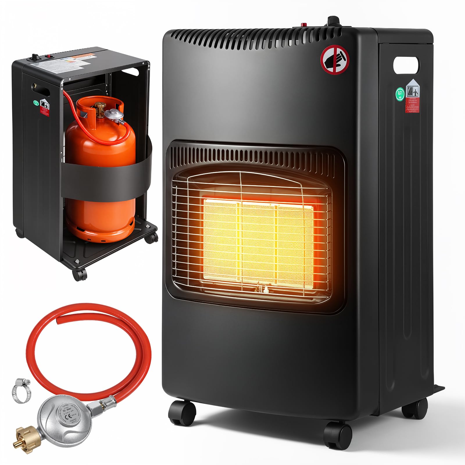 Gasheizofen 4,2 KW Gasheizgerät Faltbar Gasheizer mit Druckregler & Schlauch, inkl. Überhitzungsschutz und Kippschutz, ODS, Piezozünder, 305 g/h Gasverbrauch, Butan oder Propangasflaschen